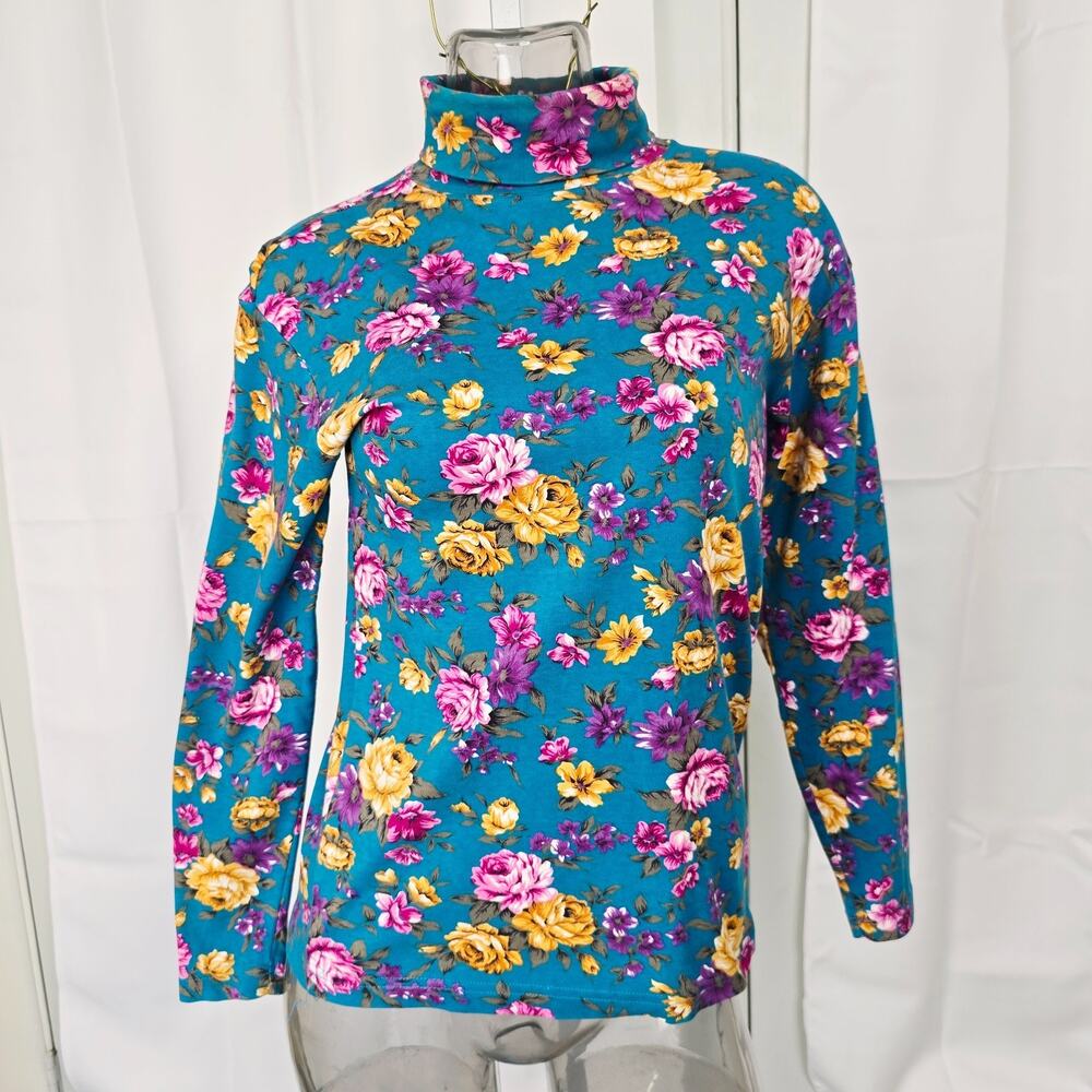 Vintage Floral Turquoise Turtleneck Roses Hunt Club Size M